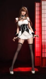 Cosplay model in a French maid outfit with a black corset, white frilly dress, cat-ear headband, and thigh-high stockings posing against a red-lit backdrop.