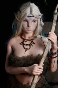 Elf-inspired doll with platinum blonde hair, blue eyes, wearing fur clothing and jewelry, holding a wooden bow.